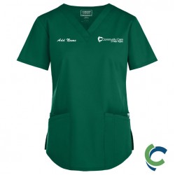 "OPTIONS FOR NURSES (MA, LPN, RN)" EMBROIDERED LADIES V-NECK 3-Pocket STRETCH SCRUB TOP (HUNTER)