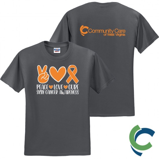 "PEACE LOVE CURE - SKIN CANCER AWARENESS - CCWV" PRINTED CHARCOAL TSHIRT