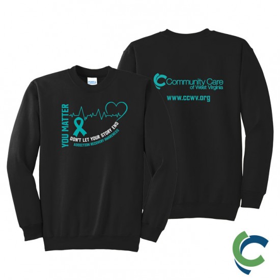 "ADDICTION AWARENESS - CCWV" PRINTED BLACK CREW NECK SWEATSHIRT