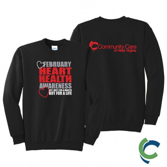 "HEART HEALTH AWARENESS - CCWV" PRINTED BLACK CREW NECK SWEATSHIRT