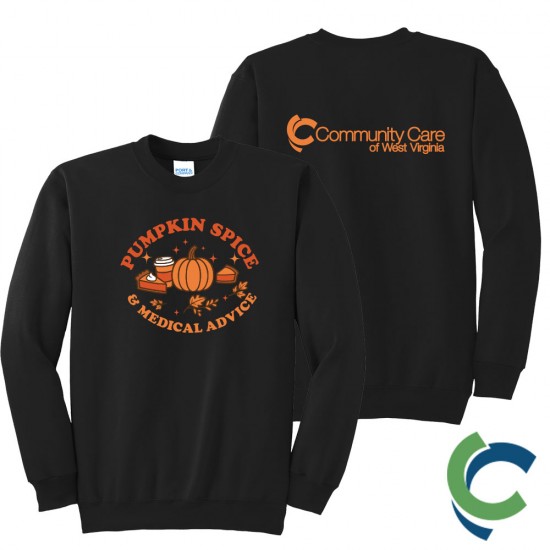 "PUMPKIN SPICE & MEDICAL ADVICE - CCWV" PRINTED BLACK CREW NECK SWEATSHIRT