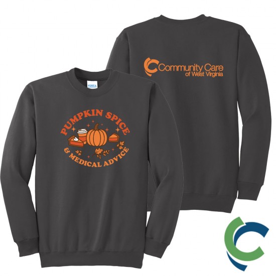 "PUMPKIN SPICE & MEDICAL ADVICE - CCWV" PRINTED CHARCOAL CREW NECK SWEATSHIRT