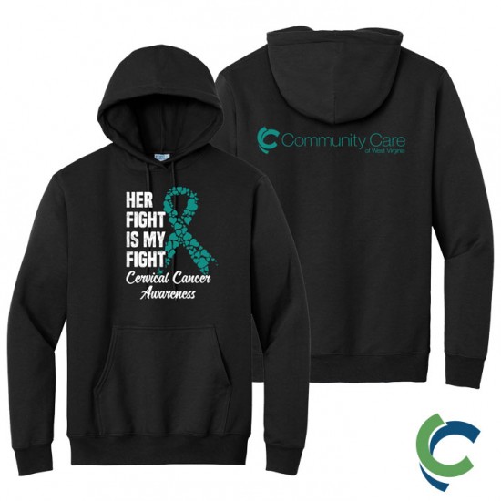 "CERVICAL CANCER AWARENESS - CCWV" PRINTED BLACK HOODED SWEATSHIRT