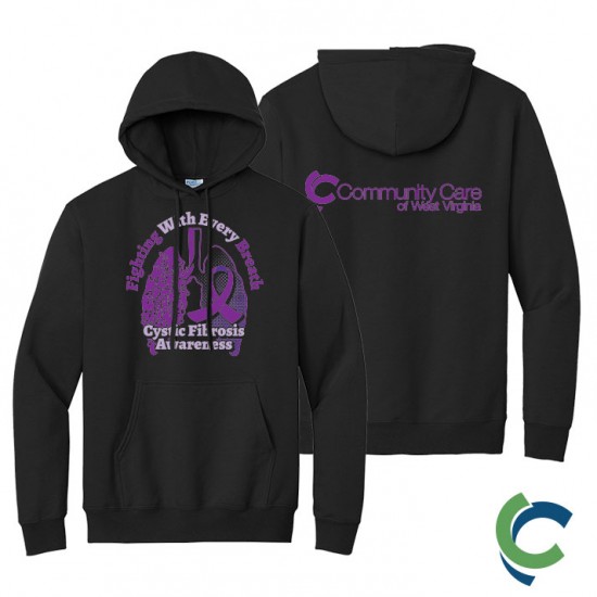 "CYSTIC FIBROSIS AWARENESS - CCWV" PRINTED BLACK HOODED SWEATSHIRT