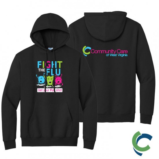 "FLU SHOT - CCWV" PRINTED BLACK HOODED SWEATSHIRT