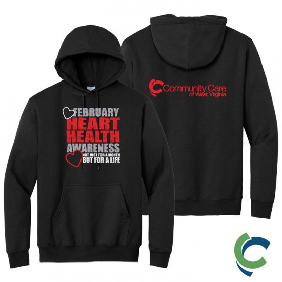 "HEART HEALTH AWARENESS - CCWV" PRINTED BLACK HOODED SWEATSHIRT