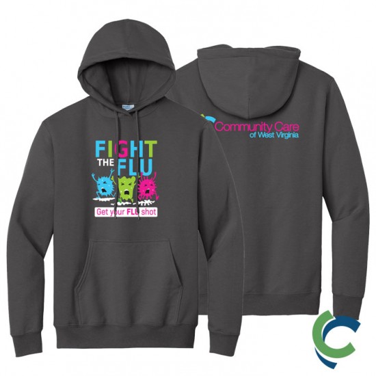 "FLU SHOT - CCWV" PRINTED CHARCOAL HOODED SWEATSHIRT