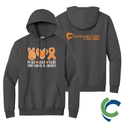 "PEACE LOVE CURE - SKIN CANCER AWARENESS - CCWV" PRINTED CHARCOAL HOODED SWEATSHIRT