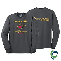 "CARRY NALOXONE - CCWV" PRINTED CHARCOAL LONG SLEEVE TSHIRT
