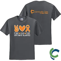 "PEACE LOVE CURE - SKIN CANCER AWARENESS - CCWV" PRINTED CHARCOAL TSHIRT