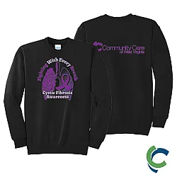 "CYSTIC FIBROSIS AWARENESS - CCWV" PRINTED BLACK CREW NECK SWEATSHIRT