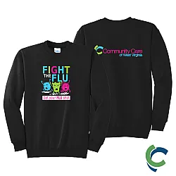 "FLU SHOT - CCWV" PRINTED BLACK CREW NECK SWEATSHIRT