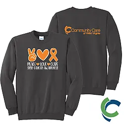 "PEACE LOVE CURE - SKIN CANCER AWARENESS - CCWV" PRINTED CHARCOAL CREW NECK SWEATSHIRT