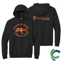"PUMPKIN SPICE & MEDICAL ADVICE - CCWV" PRINTED BLACK HOODED SWEATSHIRT