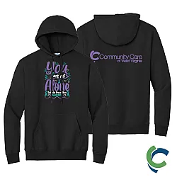 "SUICIDE PREVENTION AWARENESS - CCWV" PRINTED BLACK HOODED SWEATSHIRT