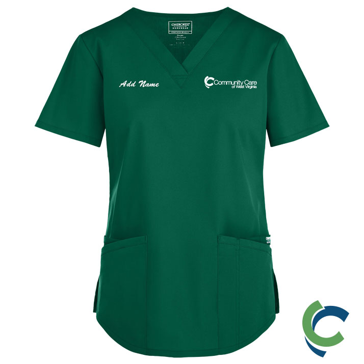 "OPTIONS FOR NURSES (MA, LPN, RN)" EMBROIDERED LADIES V-NECK 3-Pocket STRETCH SCRUB TOP (HUNTER)